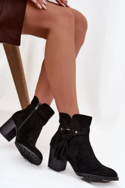 Botki Damskie Na Słupku Z Frędzlami Czarne Rosabella