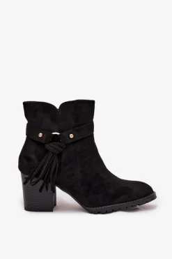 Botki Damskie Na Słupku Z Frędzlami Czarne Rosabella