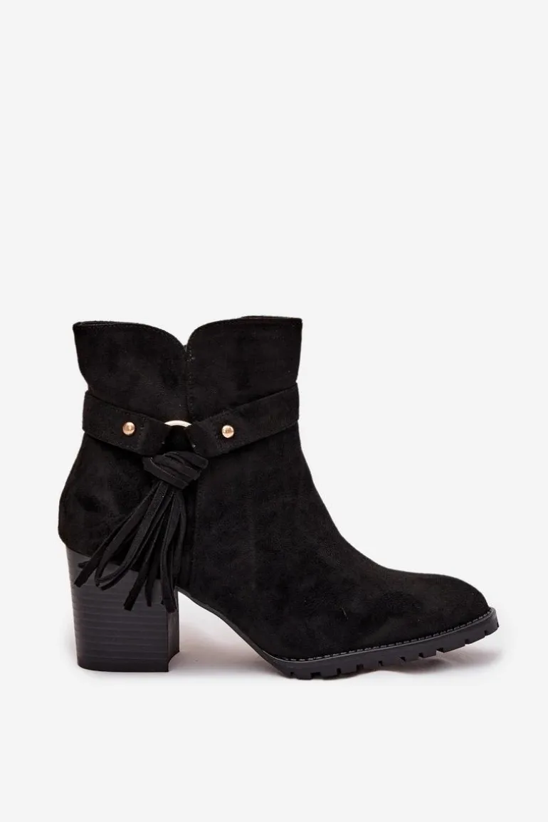 Botki Damskie Na Słupku Z Frędzlami Czarne Rosabella