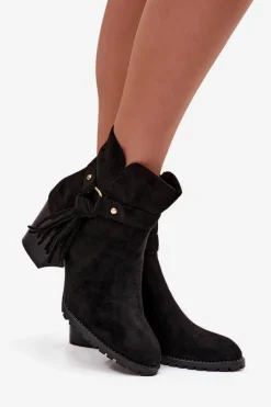 Botki Damskie Na Słupku Z Frędzlami Czarne Rosabella
