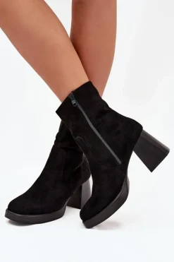 Botki Damskie Na Słupku Z Eko Zamszu Zamek Czarne Serinna