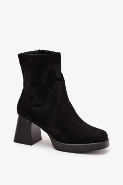 Botki Damskie Na Słupku Z Eko Zamszu Zamek Czarne Serinna