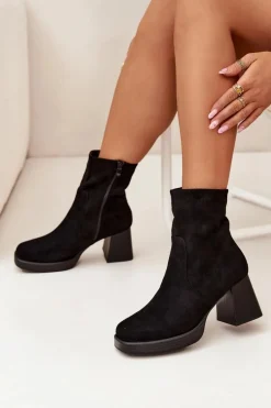 Botki Damskie Na Słupku Z Eko Zamszu Zamek Czarne Serinna