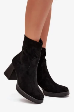 Botki Damskie Na Słupku Z Eko Zamszu Zamek Czarne Serinna