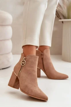 Botki Damskie Na Słupku Z Noskami W Szpic Eko Zamszowe Ocieplane Brązowe Raisha