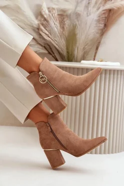 Botki Damskie Na Słupku Z Noskami W Szpic Eko Zamszowe Ocieplane Brązowe Raisha