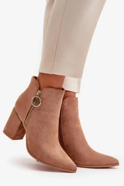 Botki Damskie Na Słupku Z Noskami W Szpic Eko Zamszowe Ocieplane Brązowe Raisha