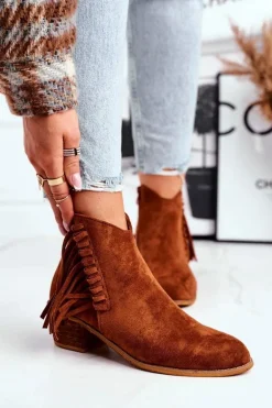 Botki Damskie Na Słupku Z Frędzlami Kowbojki Camel Mirage