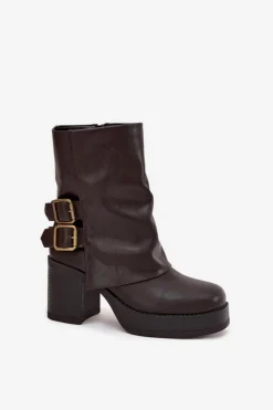 Botki Damskie Na Słupku Z Klamrami Czekoladowe Marena