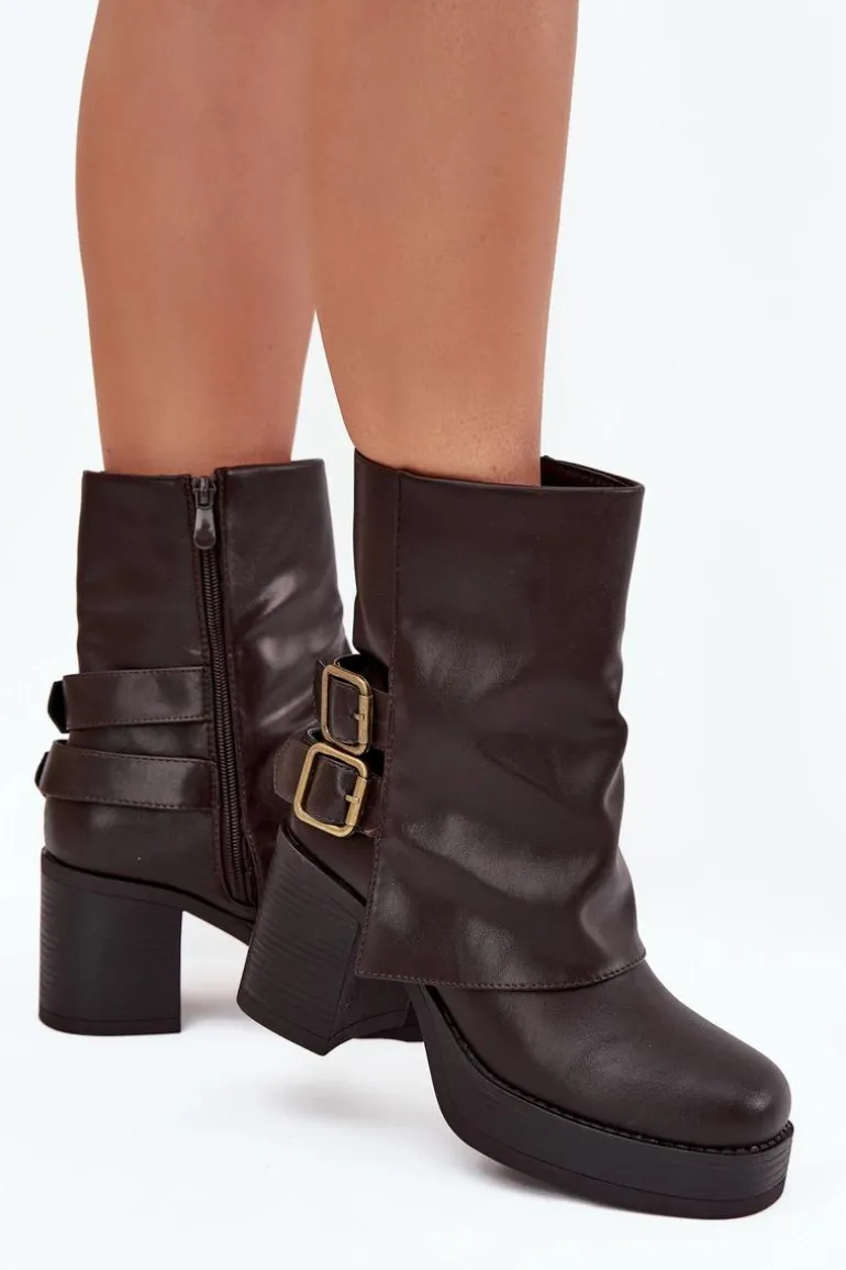 Botki Damskie Na Słupku Z Klamrami Czekoladowe Marena