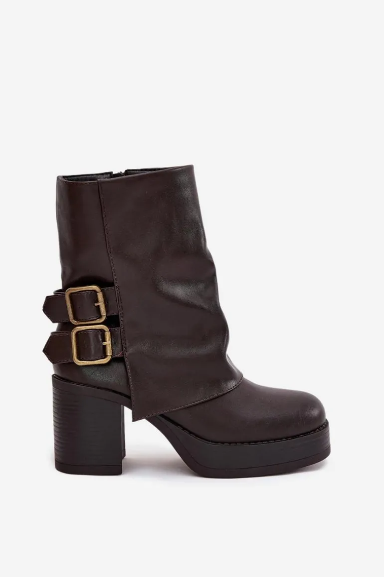 Botki Damskie Na Słupku Z Klamrami Czekoladowe Marena