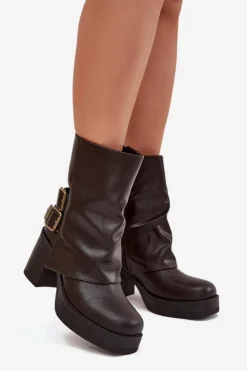 Botki Damskie Na Słupku Z Klamrami Czekoladowe Marena