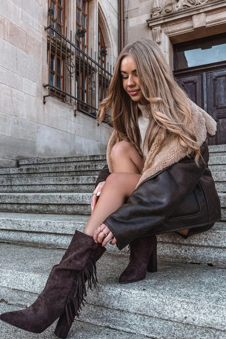 Botki Damskie Na Słupku Z Frędzlami I Marszczeniem Ocieplane Czekoladowe Darlina