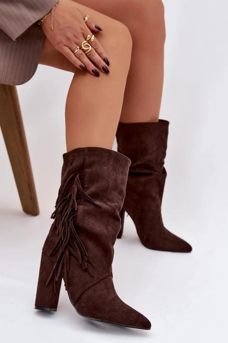 Botki Damskie Na Słupku Z Frędzlami I Marszczeniem Ocieplane Czekoladowe Darlina