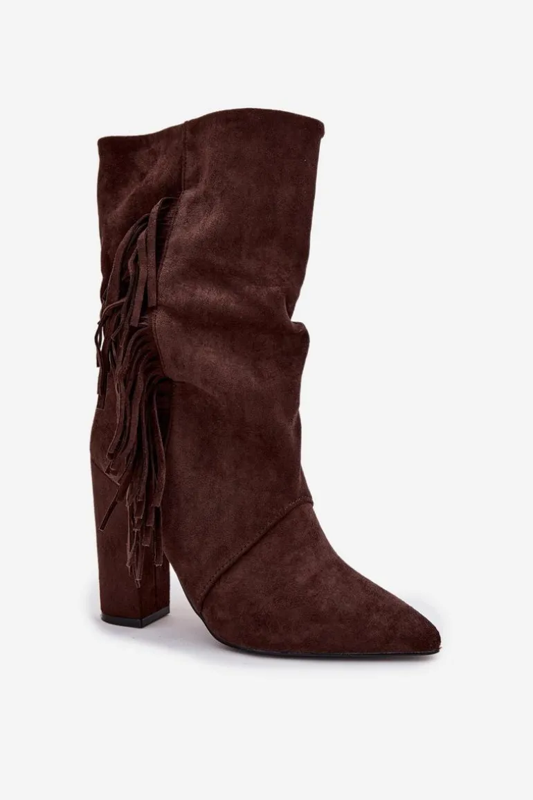 Botki Damskie Na Słupku Z Frędzlami I Marszczeniem Ocieplane Czekoladowe Darlina