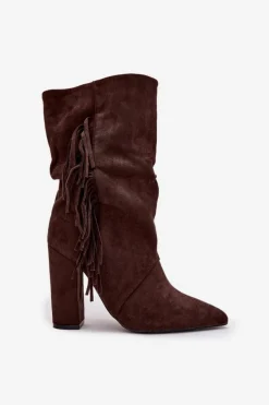 Botki Damskie Na Słupku Z Frędzlami I Marszczeniem Ocieplane Czekoladowe Darlina