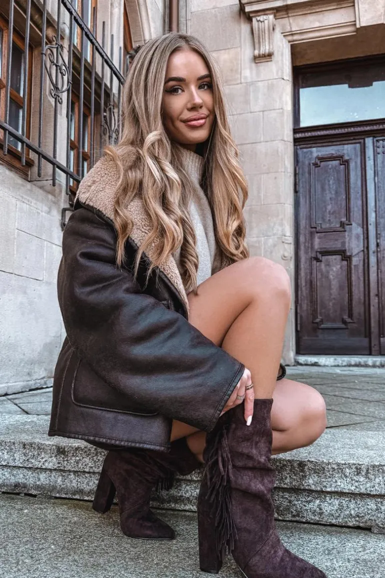 Botki Damskie Na Słupku Z Frędzlami I Marszczeniem Ocieplane Czekoladowe Darlina