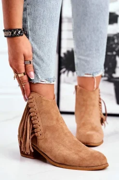 Botki Damskie Na Słupku Z Frędzlami Kowbojki Khaki Mirage