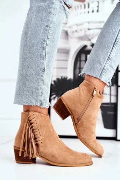 Botki Damskie Na Słupku Z Frędzlami Kowbojki Khaki Mirage