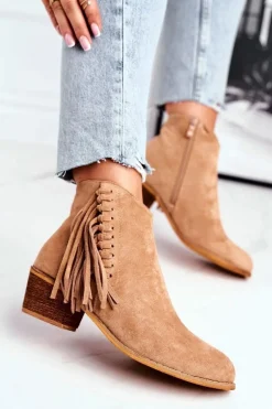 Botki Damskie Na Słupku Z Frędzlami Kowbojki Khaki Mirage