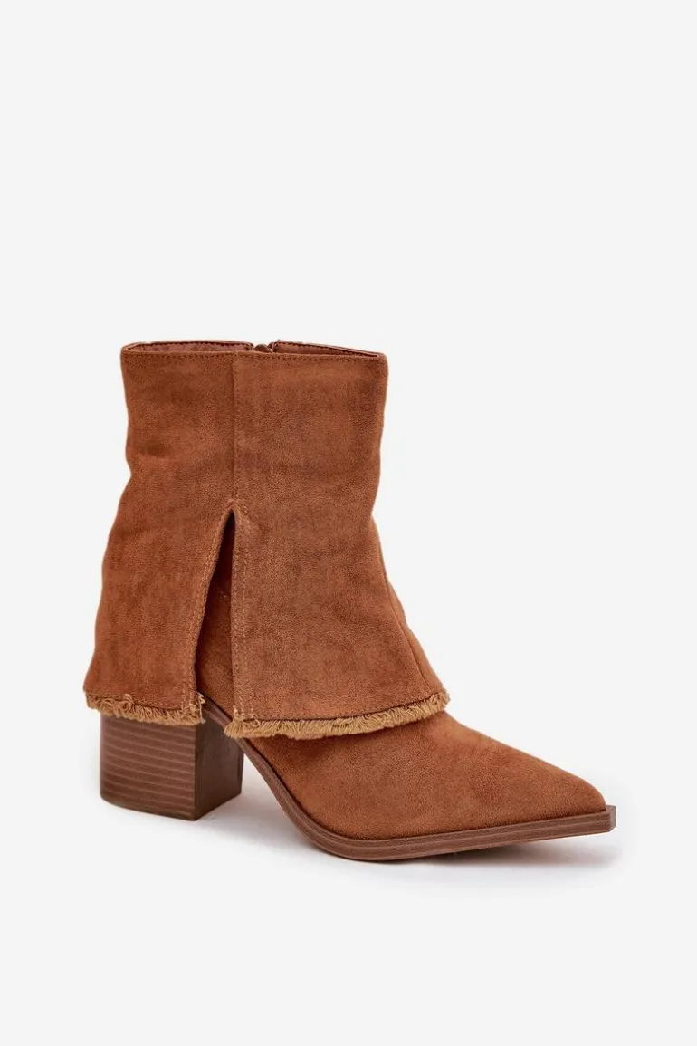 Botki Damskie Na Słupku Z Wywiniętą Cholewką Camel Idalia