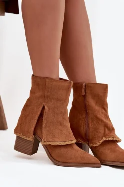 Botki Damskie Na Słupku Z Wywiniętą Cholewką Camel Idalia