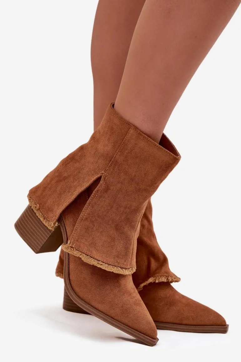 Botki Damskie Na Słupku Z Wywiniętą Cholewką Camel Idalia