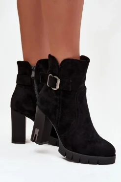 Botki Damskie Na Słupku Z Klamrą Ocieplane Czarne Selisse