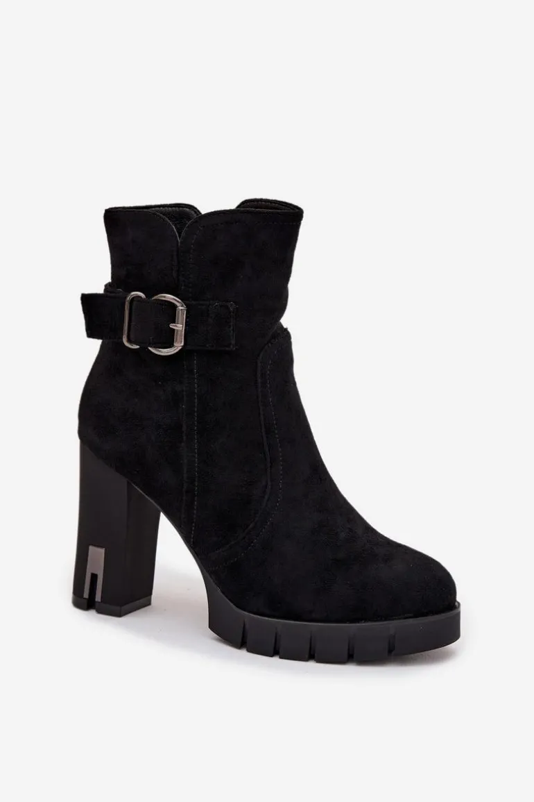 Botki Damskie Na Słupku Z Klamrą Ocieplane Czarne Selisse