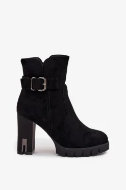 Botki Damskie Na Słupku Z Klamrą Ocieplane Czarne Selisse