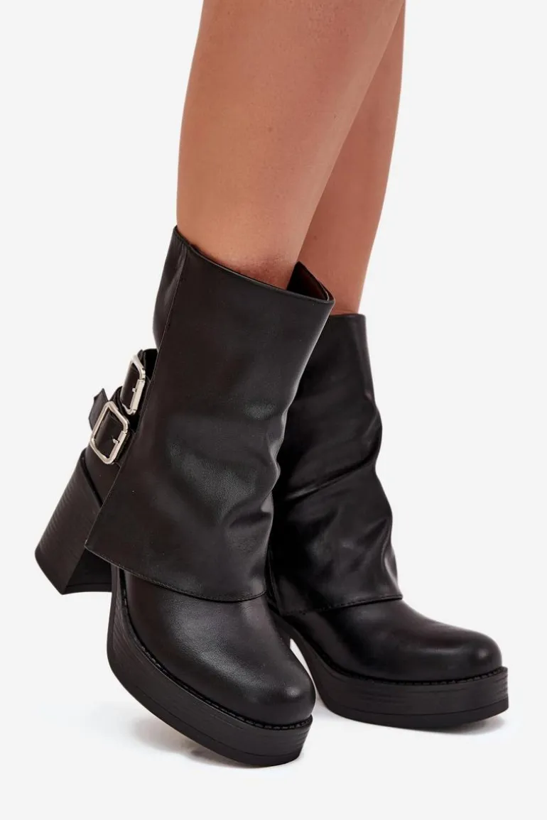 Botki Damskie Na Słupku Z Klamrami Czarne Marena