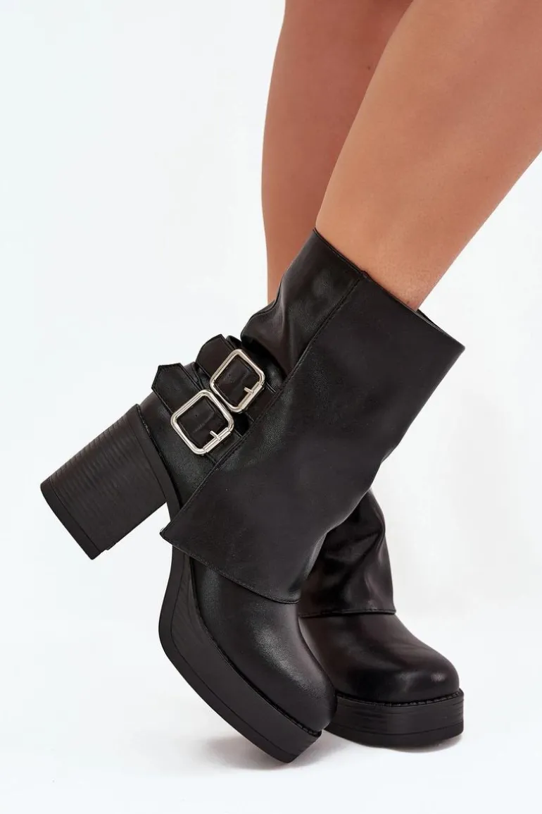 Botki Damskie Na Słupku Z Klamrami Czarne Marena