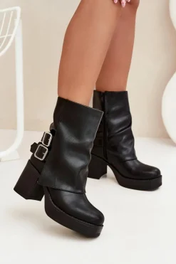 Botki Damskie Na Słupku Z Klamrami Czarne Marena