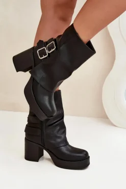 Botki Damskie Na Słupku Z Klamrami Czarne Marena