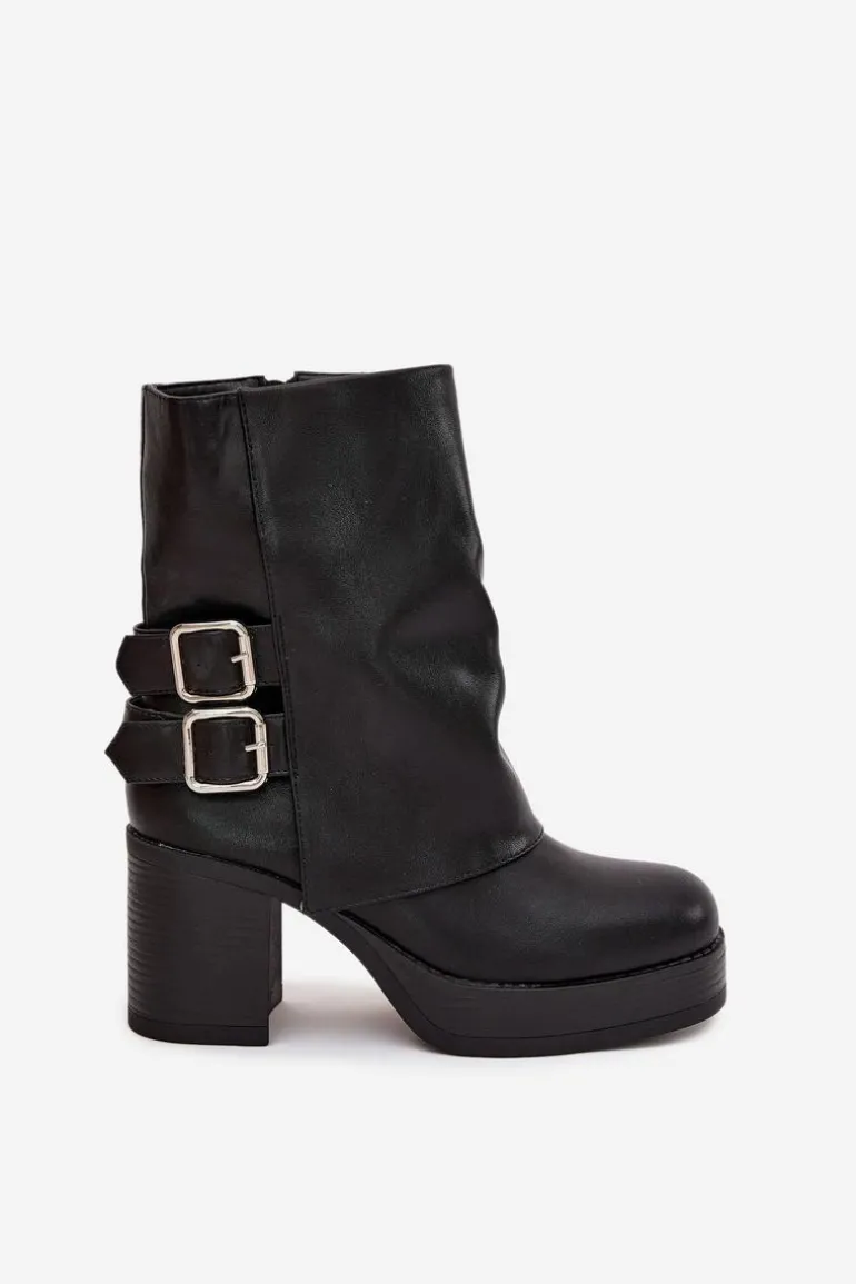 Botki Damskie Na Słupku Z Klamrami Czarne Marena