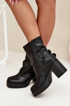 Botki Damskie Na Słupku Z Klamrami Czarne Marena
