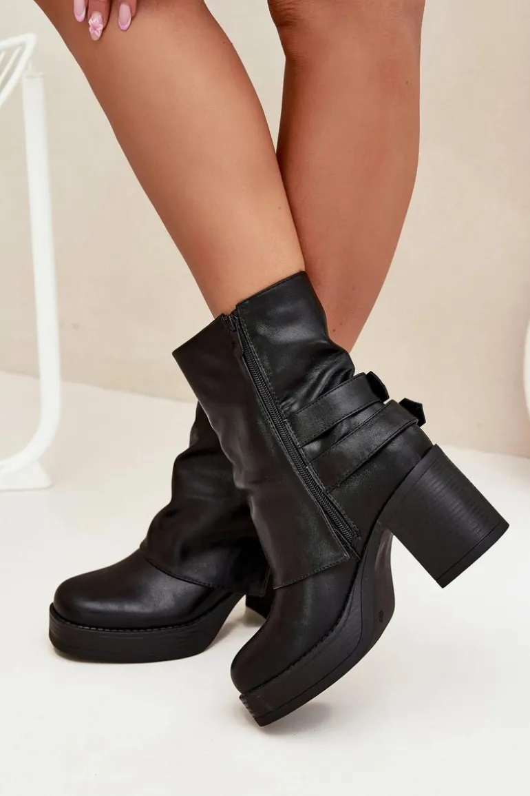 Botki Damskie Na Słupku Z Klamrami Czarne Marena