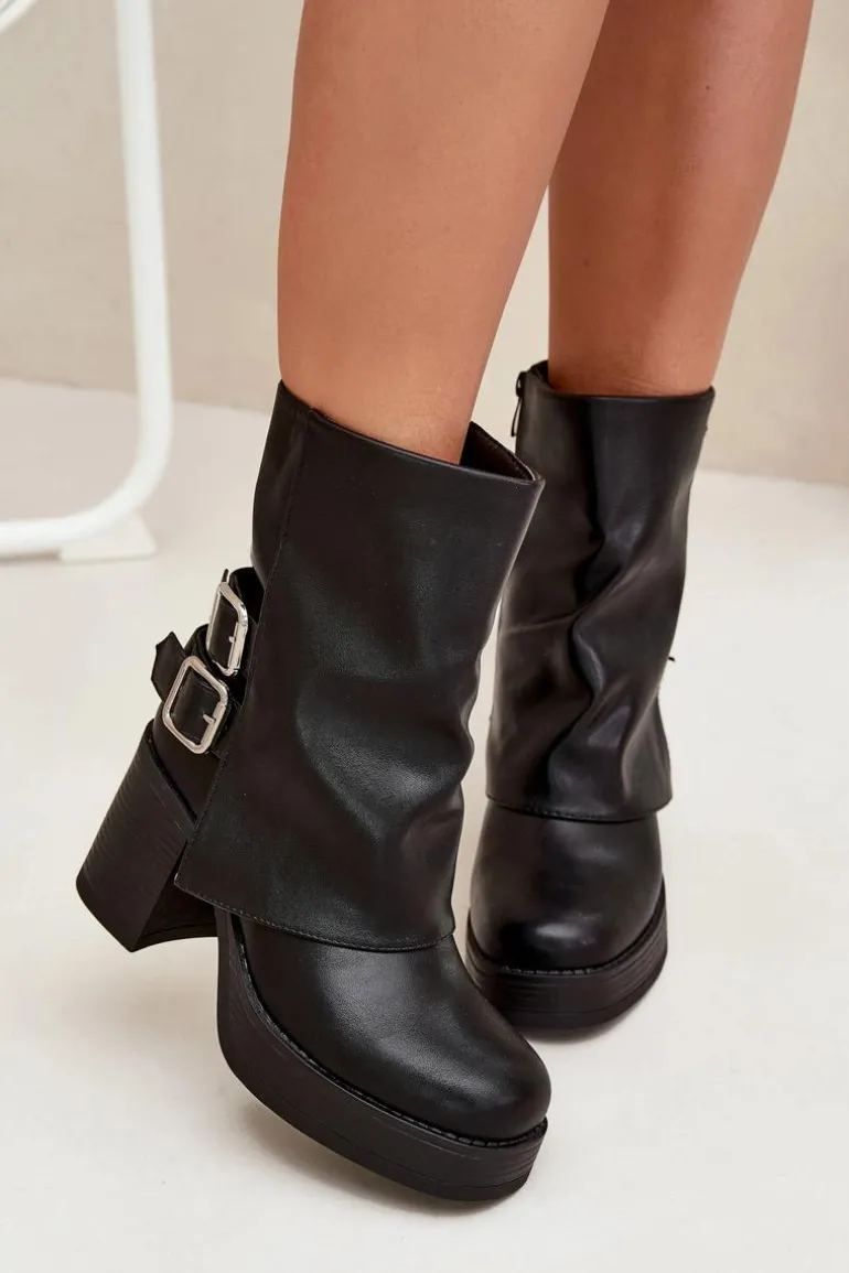 Botki Damskie Na Słupku Z Klamrami Czarne Marena