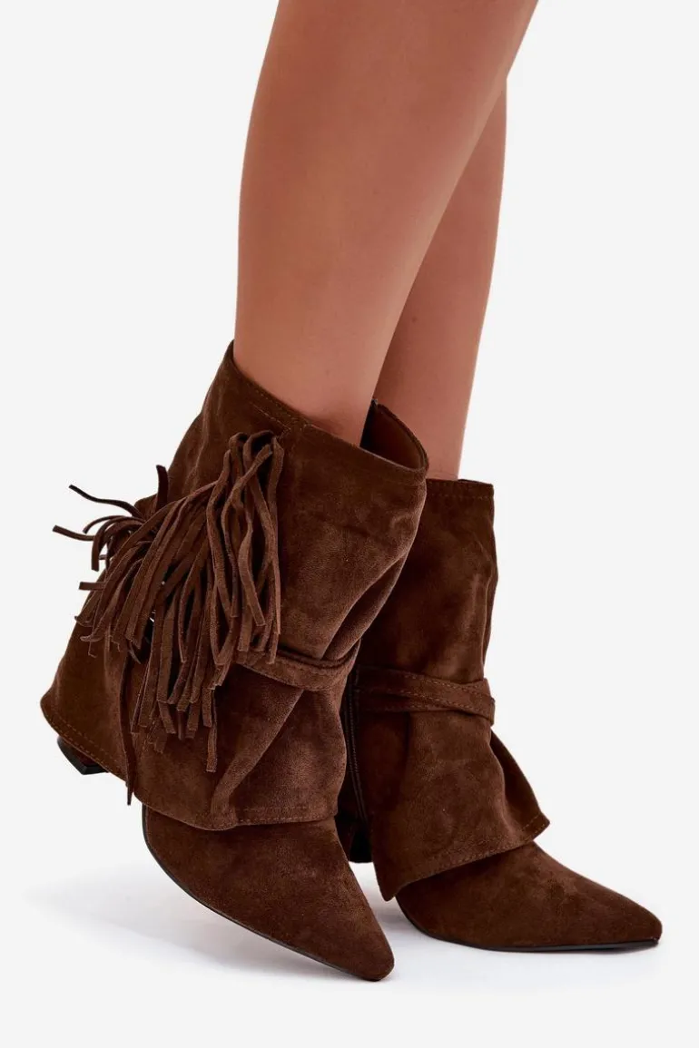 Botki Damskie Na Słupku Z Frędzlami I Złotymi Klamrami Brązowe Evelisse