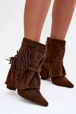 Botki Damskie Na Słupku Z Frędzlami I Złotymi Klamrami Brązowe Evelisse