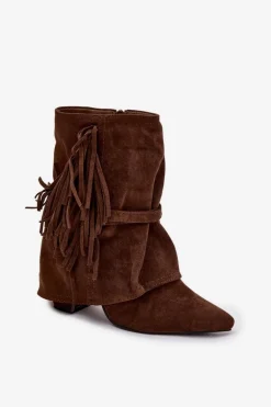 Botki Damskie Na Słupku Z Frędzlami I Złotymi Klamrami Brązowe Evelisse