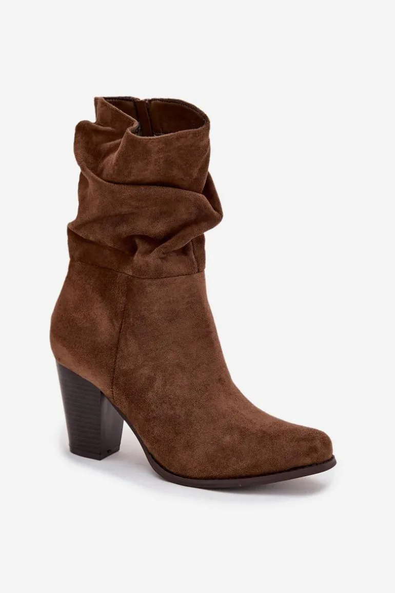 Botki Damskie Na Słupku Z Marszczeniem Brązowe Jovessa