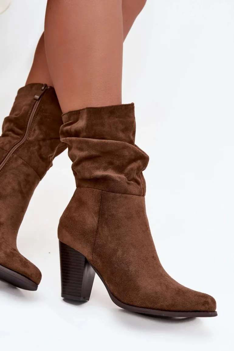 Botki Damskie Na Słupku Z Marszczeniem Brązowe Jovessa