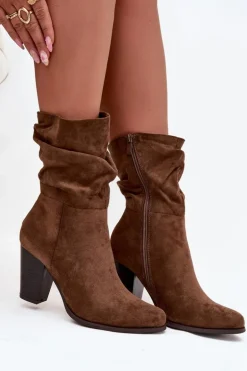 Botki Damskie Na Słupku Z Marszczeniem Brązowe Jovessa