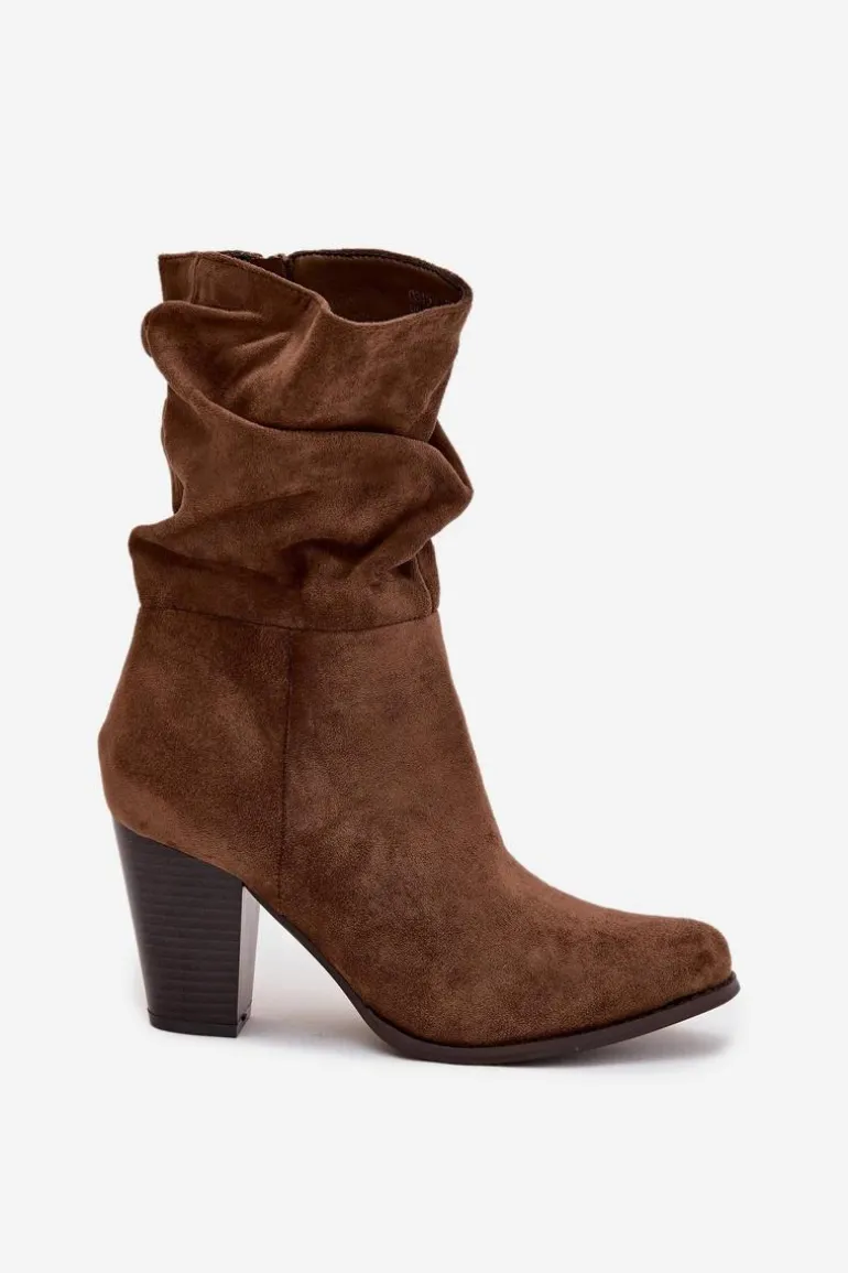 Botki Damskie Na Słupku Z Marszczeniem Brązowe Jovessa