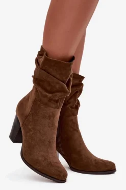 Botki Damskie Na Słupku Z Marszczeniem Brązowe Jovessa