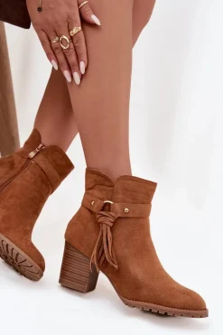Botki Damskie Na Słupku Z Frędzlami Camel Rosabella