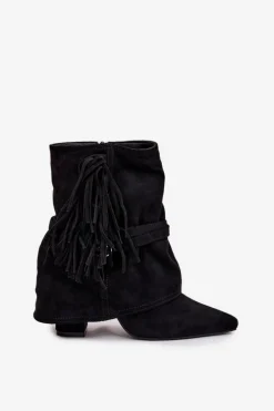 Botki Damskie Na Słupku Z Frędzlami I Złotymi Klamrami Czarne Evelisse