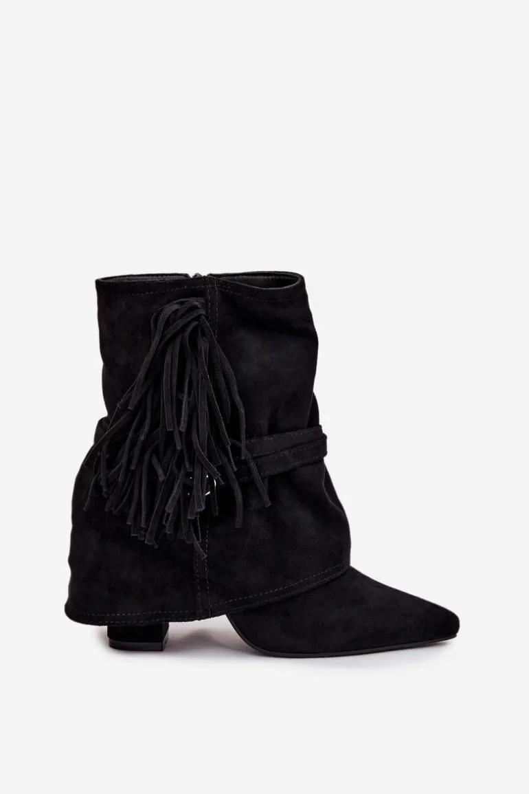 Botki Damskie Na Słupku Z Frędzlami I Złotymi Klamrami Czarne Evelisse