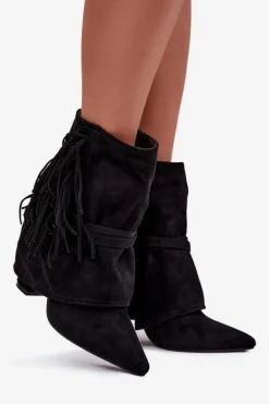 Botki Damskie Na Słupku Z Frędzlami I Złotymi Klamrami Czarne Evelisse